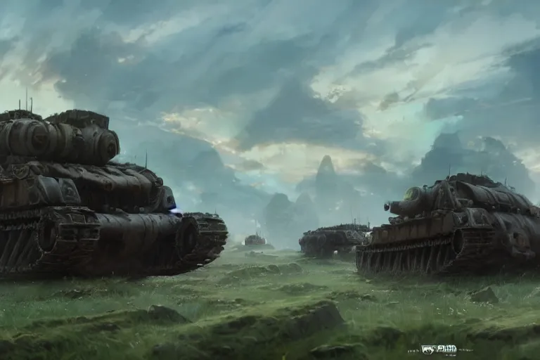 Prompt: concept art of ruined dieselpunk orcish tanks in an open field, key visual, ambient lighting, highly detailed, digital painting, artstation, concept art, sharp focus, by makoto shinkai and akihiko yoshida and hidari and wlop