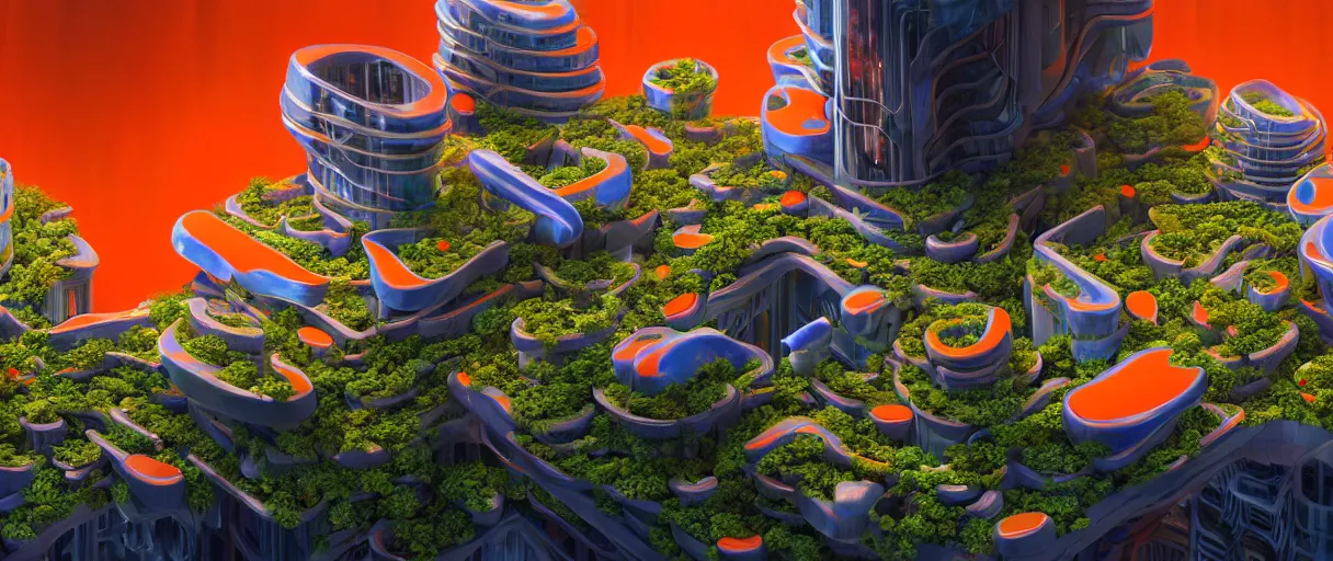 Image similar to hyperrealistic hyper detailed wide shot of low brow futuristic bio colony with brutalist architecture and carnivorous plants matte painting concept art key sage jeff koons very dramatic orange and blue lighting high angle hd 8k sharp shallow depth of field