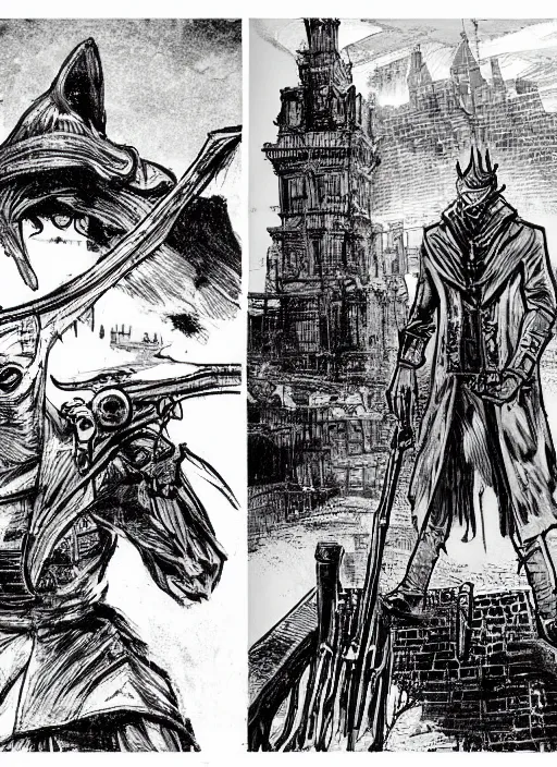 Image similar to a hunter from bloodborne vs robot in yharnam, style by retrofuturism, faded red and yelow, by malcolm smith, old comics in city, nicholas roerich