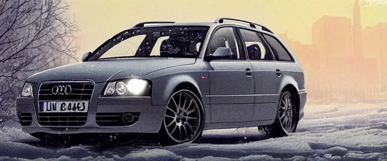 Image similar to Audi A4 B6 Avant (2002), a gritty neo-noir, dramatic lighting, cinematic, eerie person, death, homicide, homicide in the snow, viscera splattered, gunshots, bullet holes, establishing shot, extremely high detail, photorealistic, cinematic lighting, artstation, by simon stalenhag, Max Payne (PC) (2001) winter New York at night, In the style of Max Payne 1 graphic novel, flashing lights, Poets of the Fall - Late Goodbye