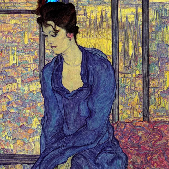 Prompt: close portrait of woman in transparent vaporous night gown with cat and iris, with city with gothic cathedral seen from a window frame with curtains. sun through the clouds, vivid iridescent psychedelic colors. munch, egon schiele, henri de toulouse - lautrec, utamaro, monet