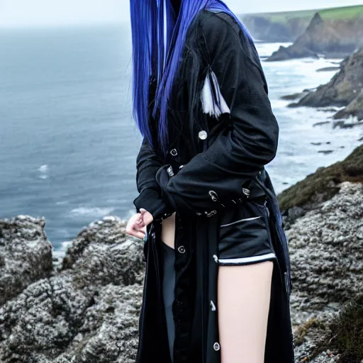 Image similar to 1 7 - year - old anime goth girl, black hair, long bob cut, long bangs, gothic coat, long bangs, standing on cliff along the irish coast, overcast gray skies, ultra - realistic, sharp details, cold lighting, blue and gray colors, intricate details, subsurface scattering, hd anime, 2 0 1 9 anime