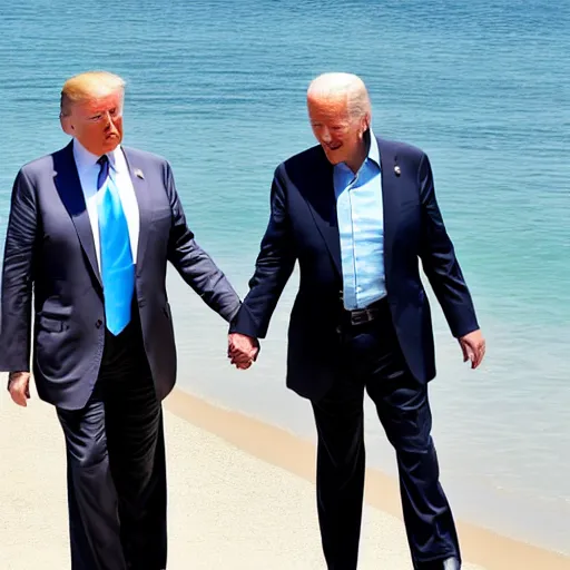 Prompt: candid photo of Donald Trump and Joe Biden secretly holding hands on the beach