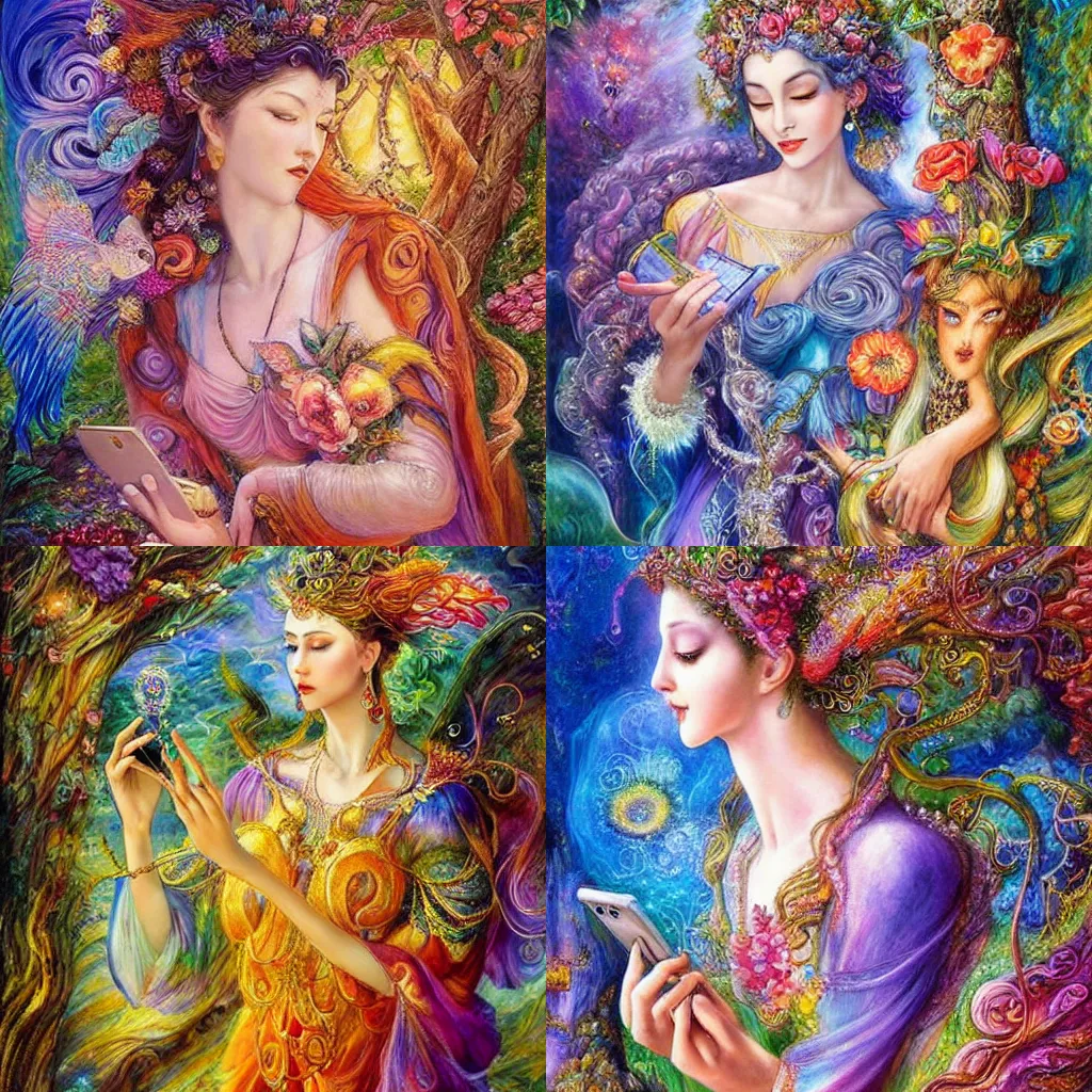 Prompt: fantasy nature goddess checking her phone, painting by josephine wall, magic realism, huang guangjian, amanda sage, viktoria gavrilenko