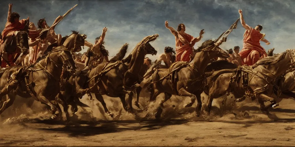 Image similar to a film still from the chariot race in'ben hur'in the style of jean - paul laurens, alexander cabanel, hippolyte flandrin, oil on canvas, 4 k resolution