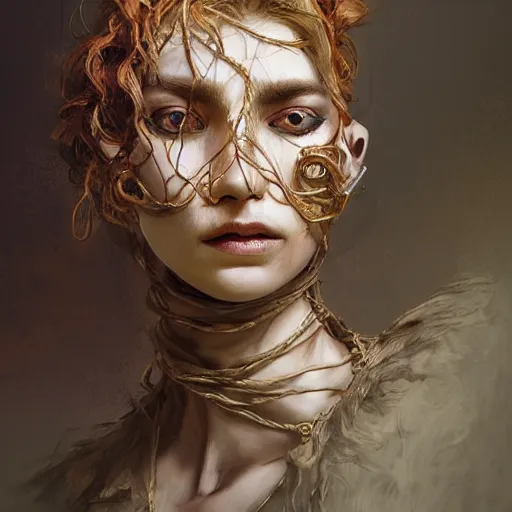 Image similar to portrait of a Shibari rope wrapped face and neck, headshot, insanely nice professional hair style, dramatic hair color, digital painting, of a old 13th century, traveler, amber jewels, baroque, ornate clothing, scifi, realistic, hyperdetailed, chiaroscuro, concept art, art by Franz Hals and Jon Foster and Ayami Kojima and Amano and Karol Bak,