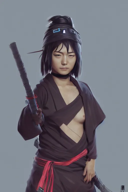 Image similar to native japanese young woman dressed like shinobi ninja, focused stare, partially masked, highly detailed, photobash, photorealistic render, trending on artstation, character design, cinematic lighting