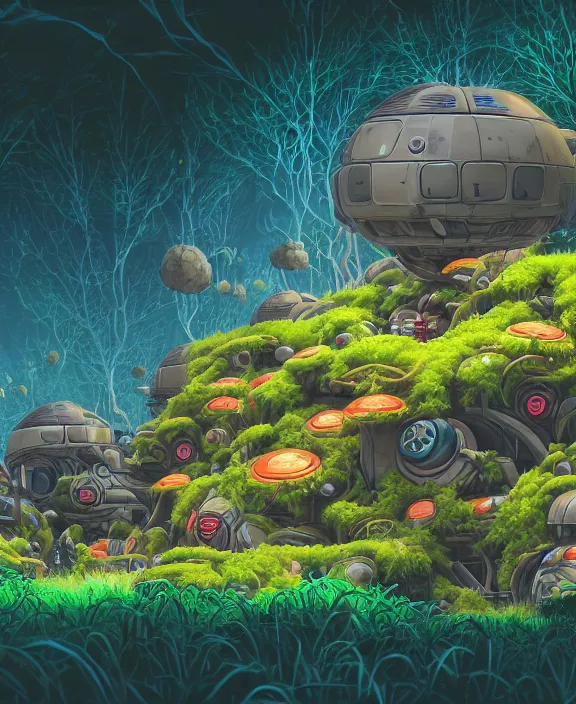 Image similar to a simple bunker made out of exotic fungus, overgrown with weird fungus and slime, spaceship, sci - fi, robots, noon, sun drenched, partly cloudy, by dan mumford, yusuke murata, makoto shinkai, ross tran, cinematic, unreal engine, cel shaded, featured on artstation, pixiv