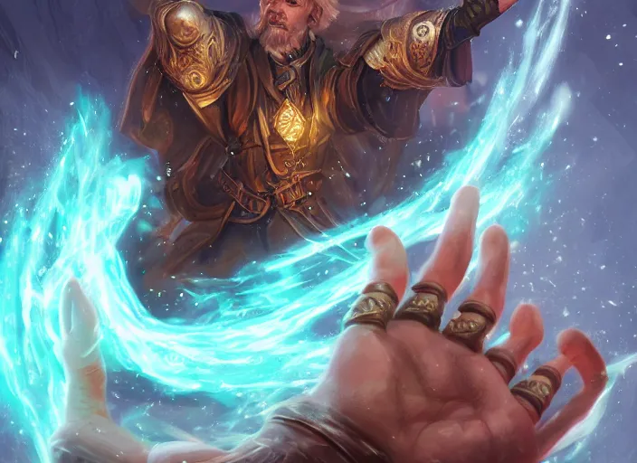 Image similar to hand with magical healing energy, tarot card, blizzard entertainment, ilm, intricate, highly detailed, centered, digital painting, artstation, concept art, smooth, sharp focus, illustration