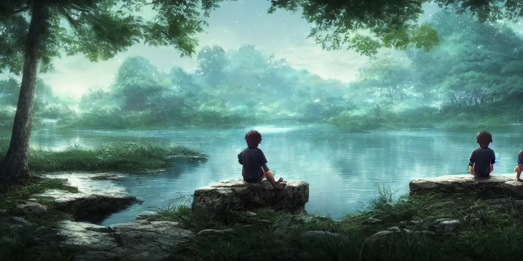 Image similar to a silver dragon and a boy sitting next to lake in forest, many fireflys, at night, concept art, dof, cryengine, digital art, detailed background, makoto shinkai