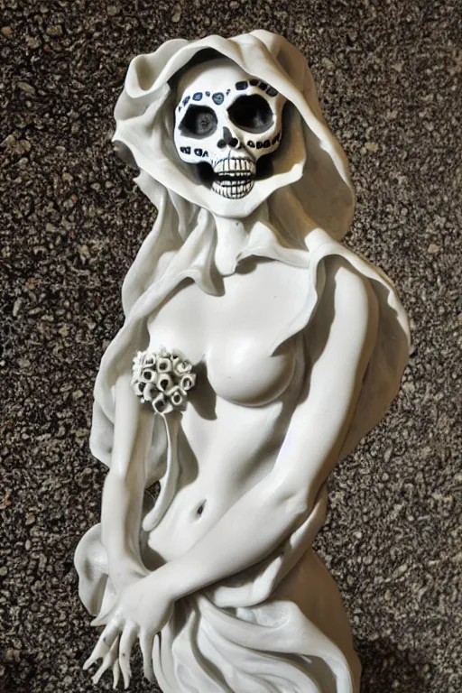 Prompt: La catrina statue sculpted on marble by Bernini