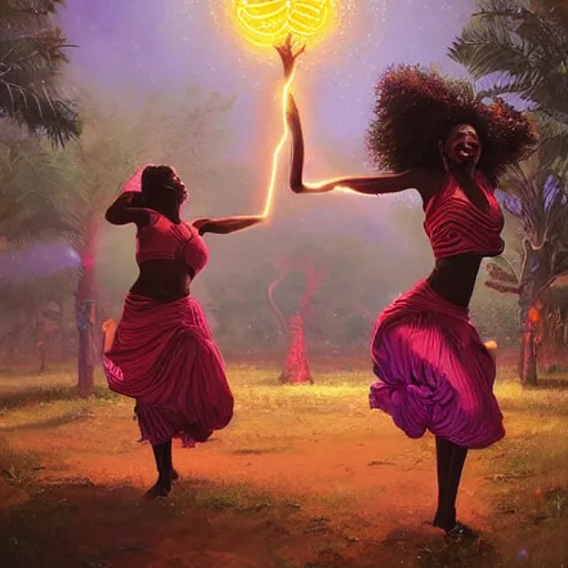 Image similar to african women dancing around a glowing, energized, steampunk neon portal near the electric tree of life in a lightning storm, by greg rutkowski, loish, rhads, artgerm and justin bua!!!. oil on canvas, detailed and intricate environment, radiant lighting. highly detailed. masterpiece