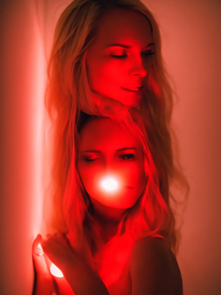 Image similar to photograph of a pretty blond woman illuminated with red light, soft light, night