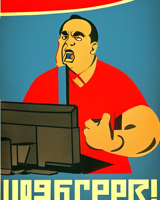 Image similar to soviet propaganda poster of an angry communist developer yelling at his computer