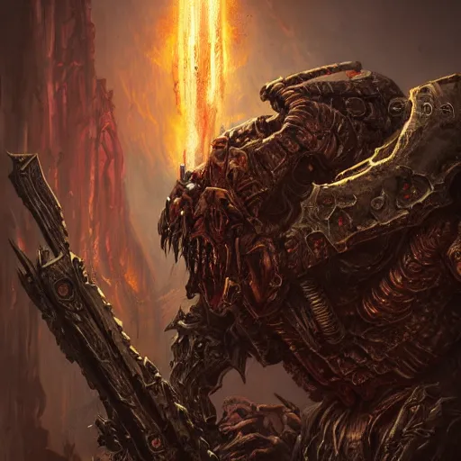 Image similar to fantasy art of doom slayer, intricate, high detailed, insane detailed, cgsociety, doom hell theme