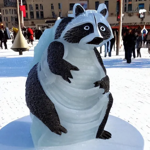 Image similar to an ice sculpture of a raccoon striking a heroic pose.