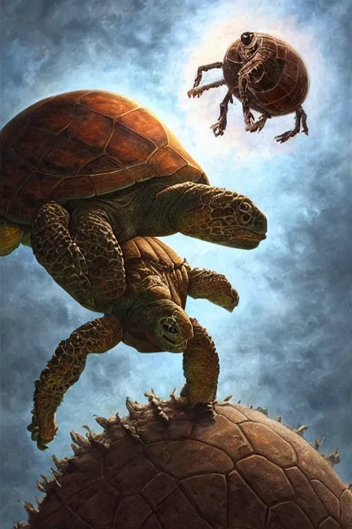 Prompt: maturin the giant space turtle fighting pennywise in his spider form. art by tomasz alen kopera