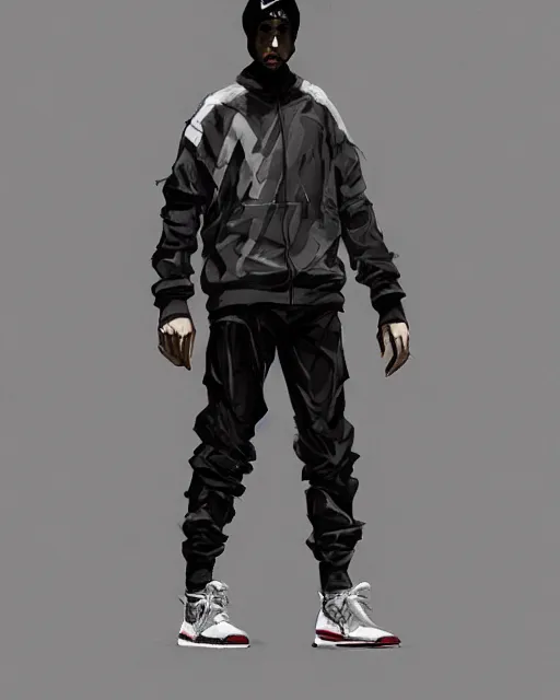 Image similar to Medium shot of a character wearing Nike ACG+Acronym+Riot Division in the style of greg rutkowski