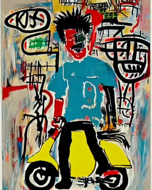 Image similar to asian school boy riding moped in the style of jean - michel basquiat, makoto kobayashi