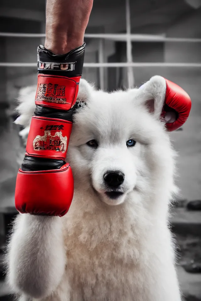 Prompt: samoyed dog head on a human body as a muay thai kickboxer, gloves on hands, Rajadamnern Stadium, world championship fight, photorealistic, cinematic lighting, 4k