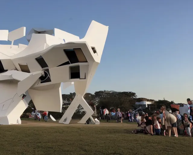 Image similar to photo of white minimalist abstract cubist sculpture of curvy spaceship with random small mecha mayan decorations, covered with few large white airplane parts with windows and doors, gigantic size, sunset lighting with people visiting