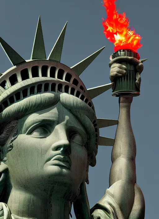 Image similar to red version of the statue of liberty holding a green torch with new york in the backround, new york, hd, statue of liberty, daytime, 4 k, octane render, ultra detail