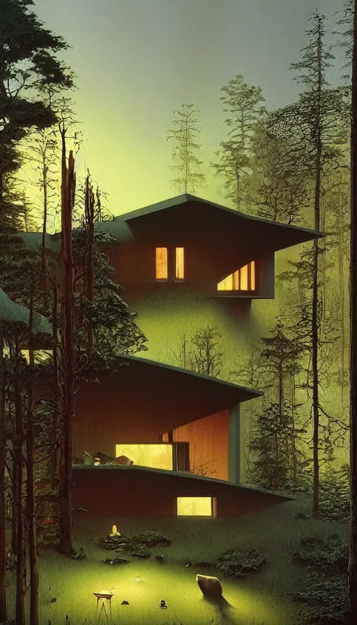 Image similar to cozy ultra modern home in the woods moody lighting, highly detailed, painting by zdzisław beksinski and norman rockwell and greg rutkowskiweta studio, and lucasfilm