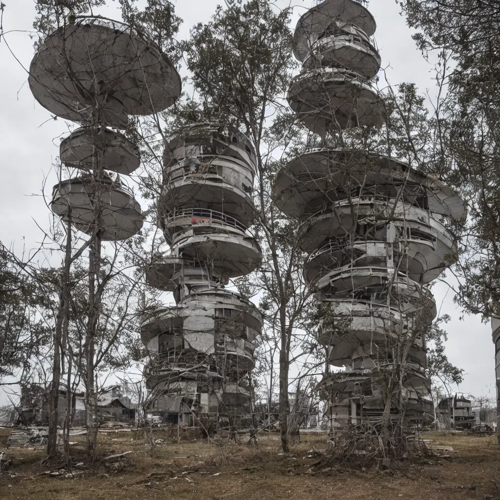 Image similar to a circular tower, made up of makeshift squatter shacks, dystopia, sony a 7 r 3, f 1 1, fully frontal view, photographed by jeanette hagglund