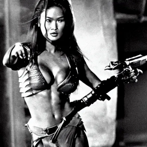 Image similar to movie still, 1 9 8 0 s, tia carrere as armored alien hunter, hyperdetailed, by ridley scott and john carpenter, blue leds