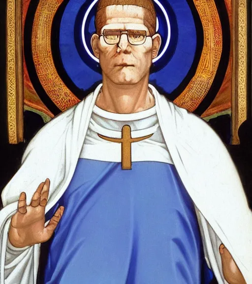 Image similar to hank hill wearing a white toga, emerging from blue fire, surrounded by blue flames, renaissance religious painting, late gothic religious paintings, byzantine religious art, painting by duccio di buoninsegna and carlo crivelli, trending on artstation