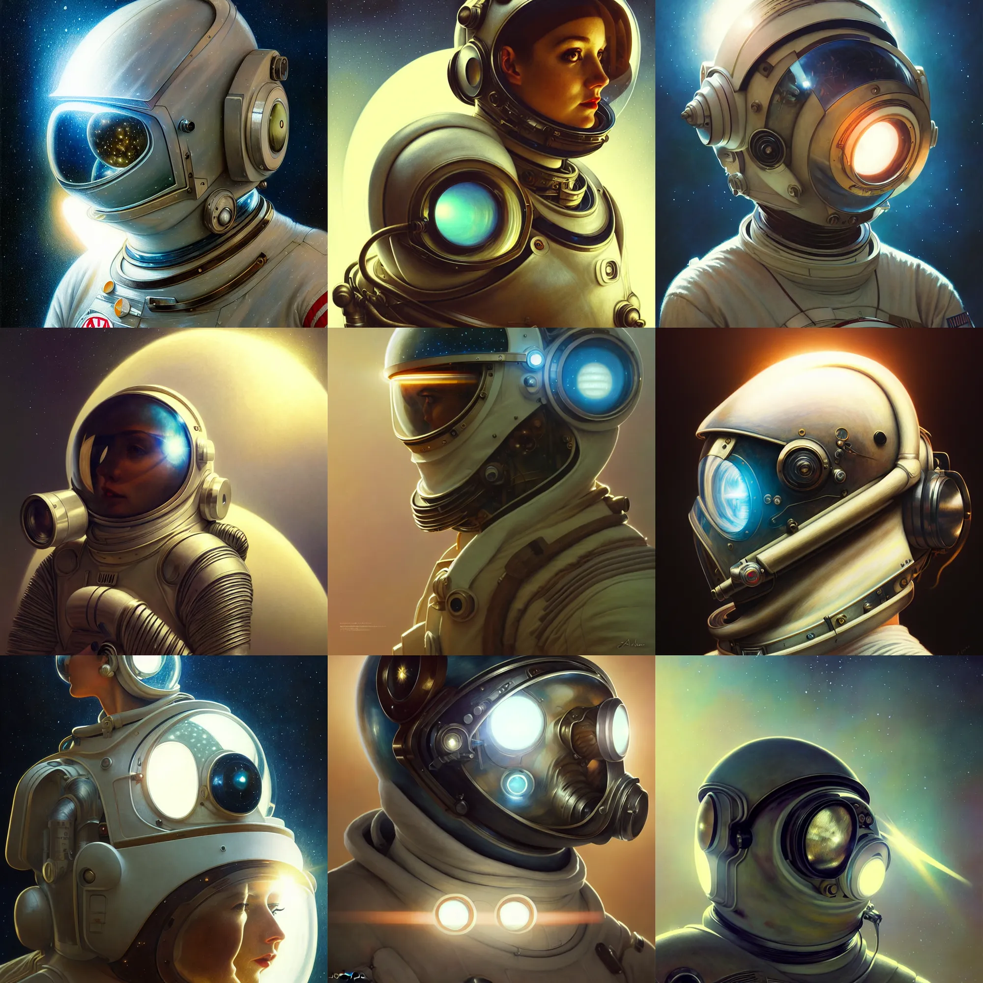 Image similar to ultra realistic retro futuristic astronaut helmet, lens flare, diffuse lighting, fantasy, intricate, elegant, highly detailed, lifelike, photorealistic, digital painting, artstation, illustration, concept art, smooth, sharp focus, art by John Collier and Albert Aublet and Krenz Cushart and Artem Demura and Alphonse Mucha