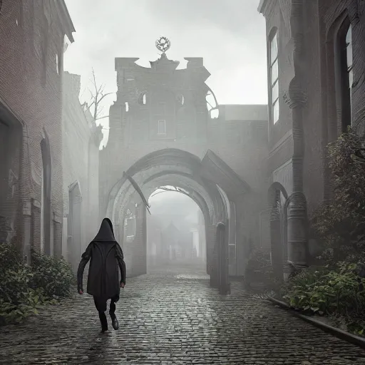 Image similar to A hooded figure walking through the ruins of Amsterdam, ultra realistic, concept art, intricate details, eerie, highly detailed, photorealistic, octane render, 8k, unreal engine, art by Bjorn Hurri