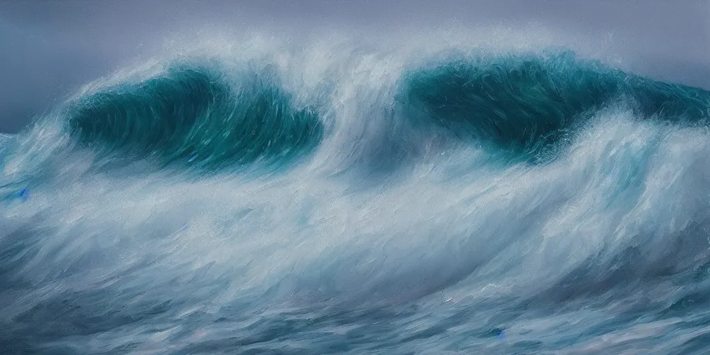 Prompt: wave, cinematic lighting, detailed oil painting, hyperrealistic, 8k