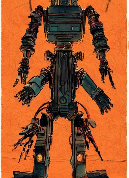 Image similar to a retrofuturism robot hunter from bloodborne in yharnam, style by retrofuturism, faded red and yelow, by malcolm smith, old comics in city, nicholas roerich