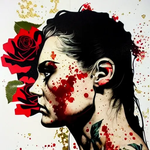 Image similar to portrait of british woman :: side profile :: in ocean :: roses and guns metal details :: gold :: blood and horror :: by marvel and Sandra Chevrier