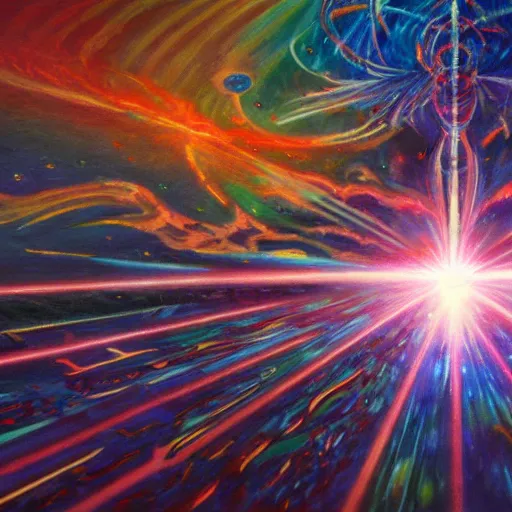 Image similar to laser beam strikes through earth, extremely detailed oil painting, 1 9 2 0's colored pencil, high clarity, highly detailed, abstract, deep aesthetic, 8 k, highly ornate intricate details, cinematic lighting, rich colors, digital artwork, beautiful scenic view, ray tracing, hyperrealistic, photorealistic, cinematic landscape, trending on artstation, concept art,