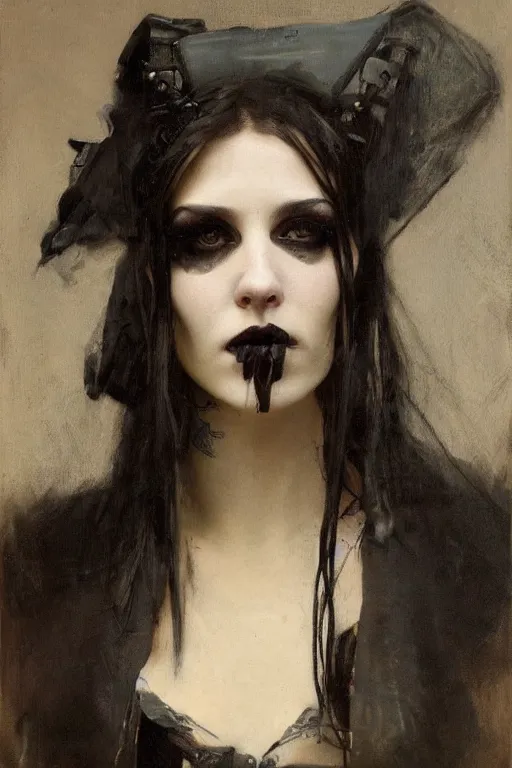 Image similar to Richard Schmid and Jeremy Lipking and Roberto Ferri full length portrait painting of a young beautiful victorian steampunk goth punk rock woman covered head in black except for face