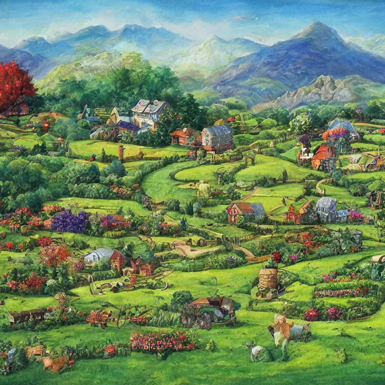 Prompt: rolling valley of farmsteads and gardens by Walt Curlee, fantasy art, folk art