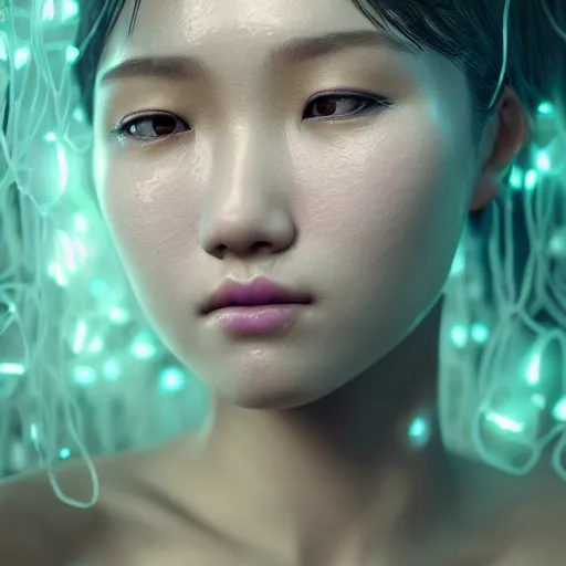 Prompt: intricate highly detailed face portrait of asian - european woman, light purple and mint water vines on her face, intricate, cgsociety, unreal engine, octane render, sharp focus, smooth, volumetric lighting, cinematic composition, artstation