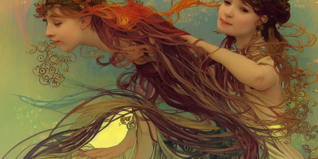 Image similar to baby bird catches the worm, sunrise, rainbow, fantasy, intricate, very very beautiful, elegant, highly detailed, digital painting, artstation, concept art, smooth, sharp focus, illustration, art by alphonse mucha