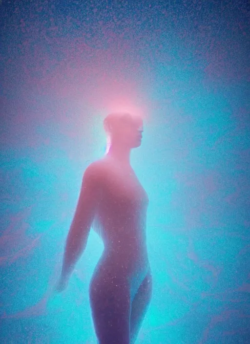 Prompt: crystallized human silhouette, large diffused glowing aura, long exposure, film grain, cinematic lighting, concept art, maximum detail, cgsociety, underwater