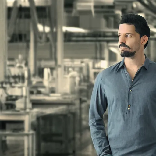 Image similar to a guy in a grey shirt with long sleeves and wearing dark blue jeans, dark black hair and no visible facial hair at all looking in the distance to see a factory plotting something ( highly detailed, and cinematic movie shot, greatly illustrated, photo - realistic, hyperrealistic image, 4 k, uhd, good quality still frame photo )