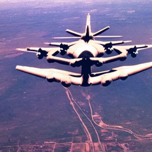 Image similar to b 5 2 bomber dropping bananas as bombs, aerial photography