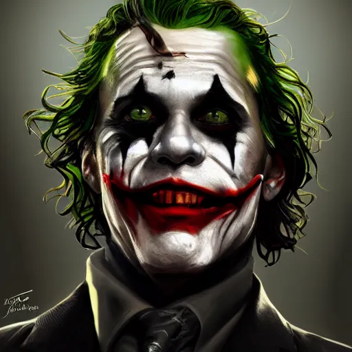 Image similar to portrait of broken joker, intricate, photoreal elegant, highly detailed, centered, grungy, digital painting, artstation, concept art, smooth, sharp focus,