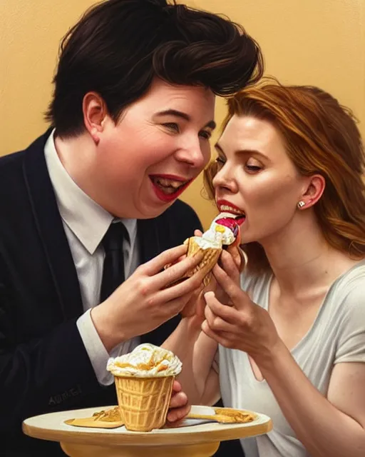 Prompt: Portrait of Michael Mcintyre & Scarlett Johanssen eating ice creams in Porto,real life skin, intricate, elegant, highly detailed, artstation, concept art, smooth, sharp focus, art by artgerm and greg rutkowski and alphonse mucha