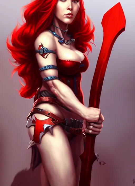 Image similar to a woman with red hair holding two large axes, concept art by senior character artist, true anatomy, extremely beautiful face, extremely detailed face, artstation contest winner, fantasy art, concept art, artstation hd, 2 d game art