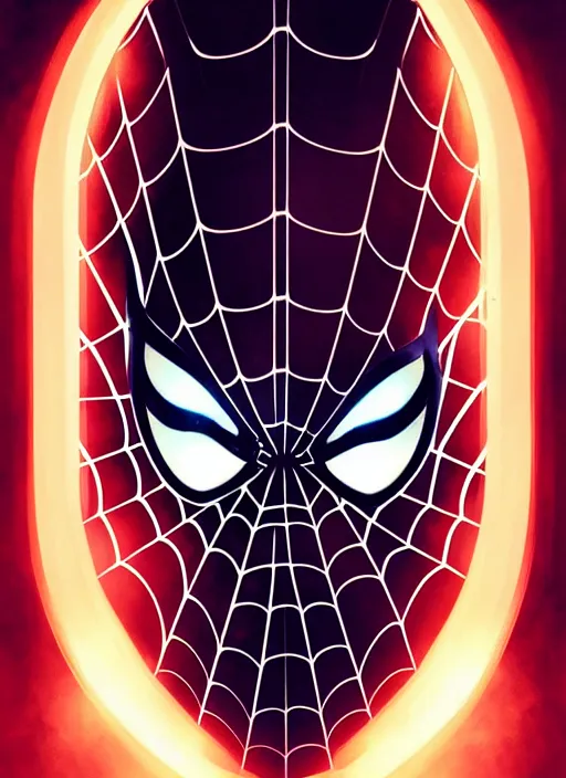 Image similar to symmetry portrait of spider - man, glowing lights, intricate, elegant, highly detailed, digital painting, artstation, concept art, smooth, sharp focus, illustration, art by artgerm and greg rutkowski and alphonse mucha