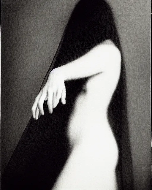 Image similar to photorealism, polaroid, black and white, woman's silhouette, black veil, impressionism