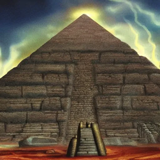 Image similar to Zues guarding the pyramid of Cheops, dessert, ancient world, realistic, god, dramatic lightning, very detailed, concept art,