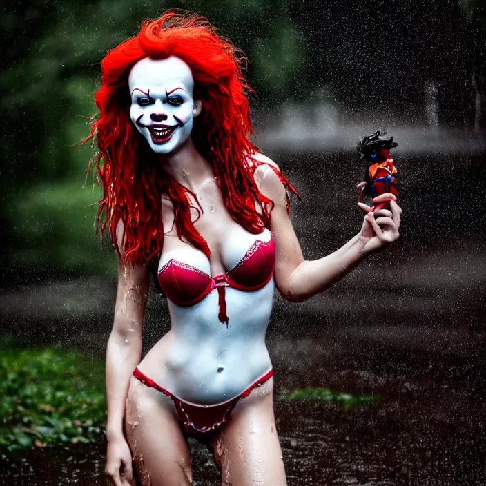 Image similar to fully body pose, photo of a very beautiful!! victoria secret model, pennywise, wet hair, raining, 8 k, hdr, smooth, sharp focus, high resolution, award - winning photo, trending on artstation, dslr, 5 0 mm